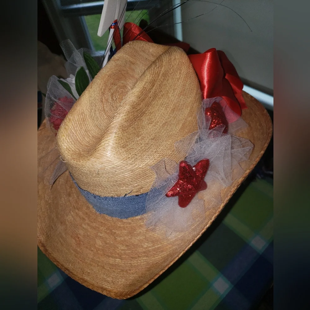 Patriotic Straw Party Hat with Star Decoration